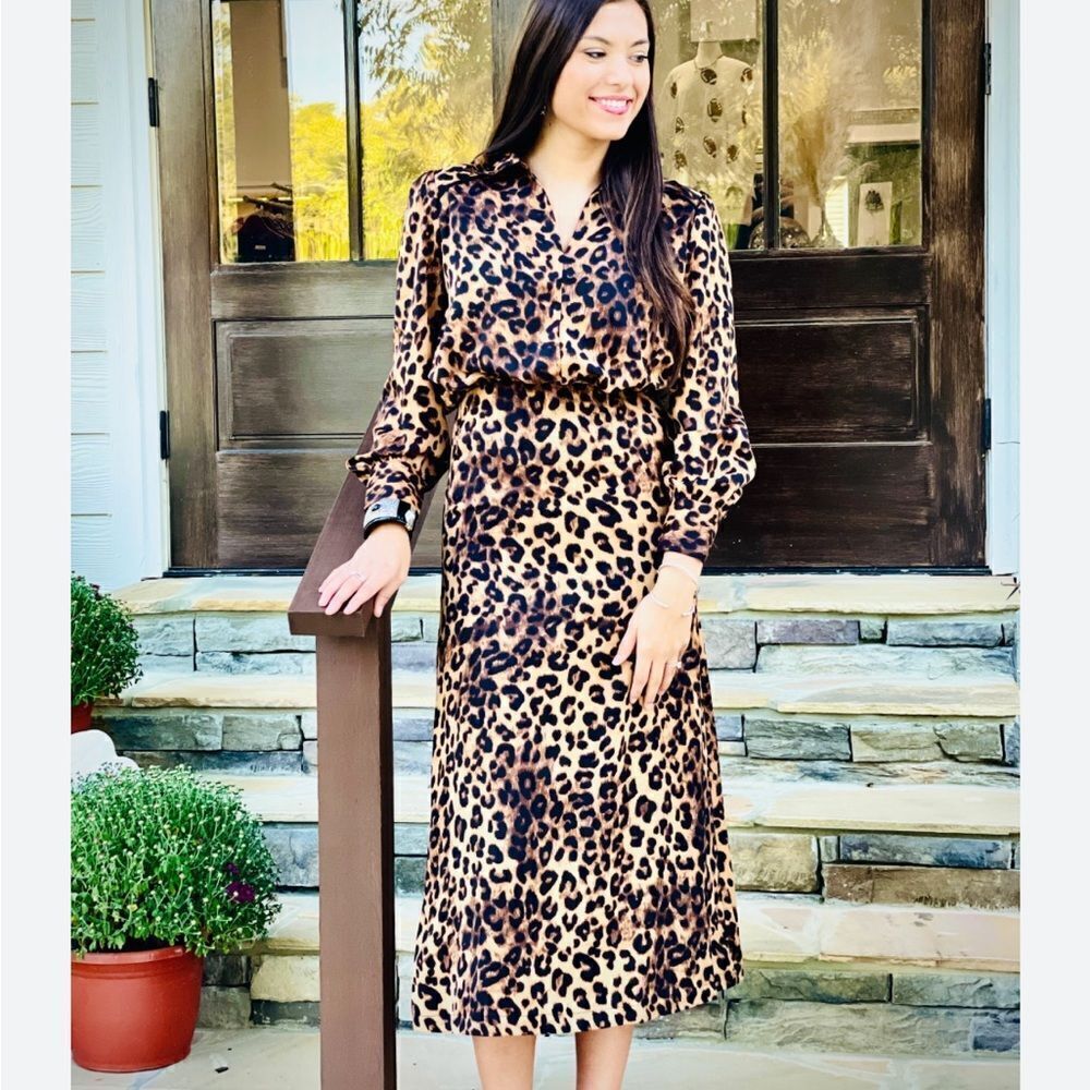 Umgee “Perfect Print Maxidress” Leopard print V-neck collared long sleeve dress